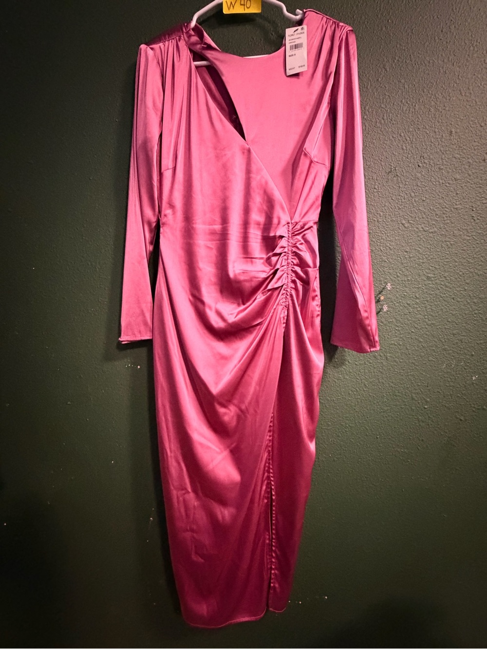 Satin Magenta Long-Sleeve Ruched Midi Dress